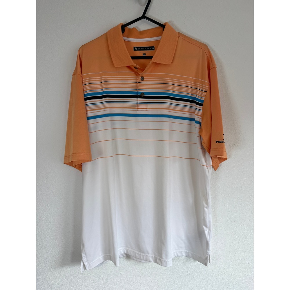 Pebble Beach Performance Mens XL Golf Polo Orange White Striped Short Sleeve